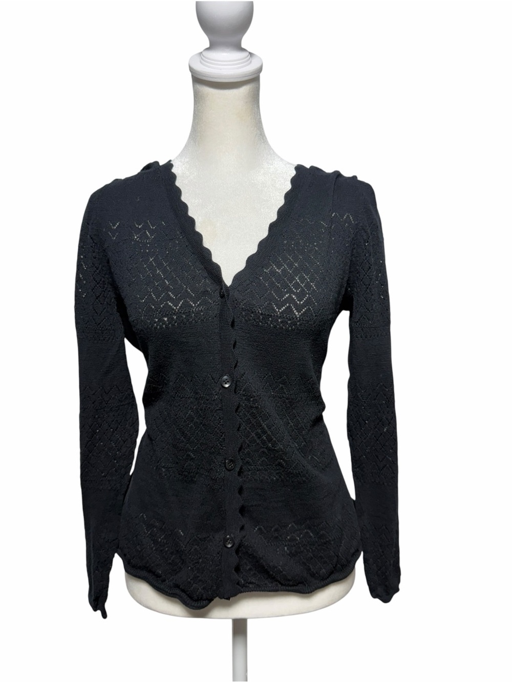 Frye Pointelle Cardigan Black Scalloped V-Neck Open Knit Cotton L